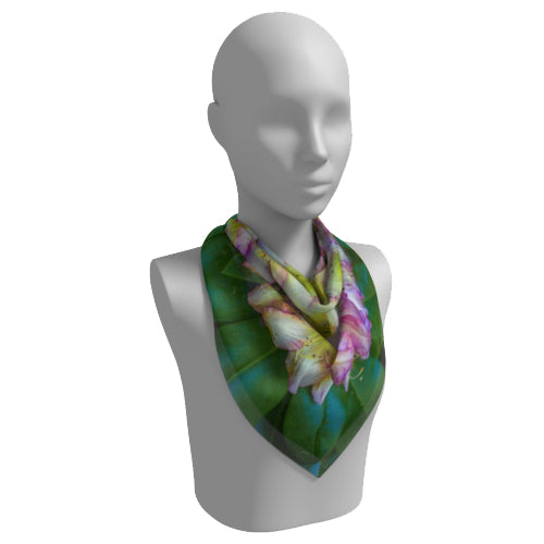 Square scarf with a pink rhododendron design