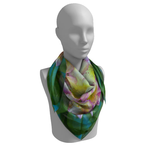 Square scarf with a pink rhododendron design