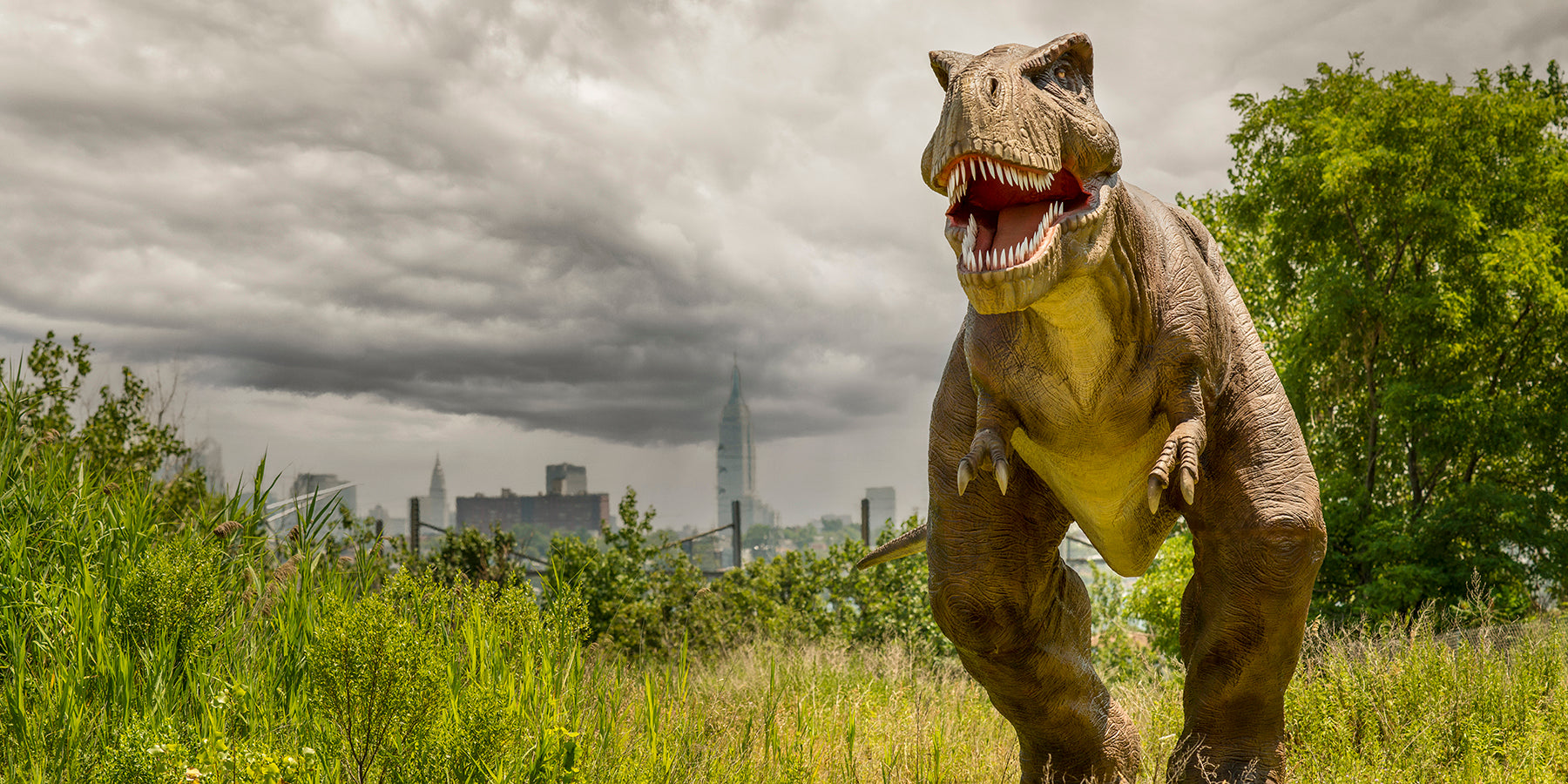 A Tyrannosaurus Rex against the NYC skyline