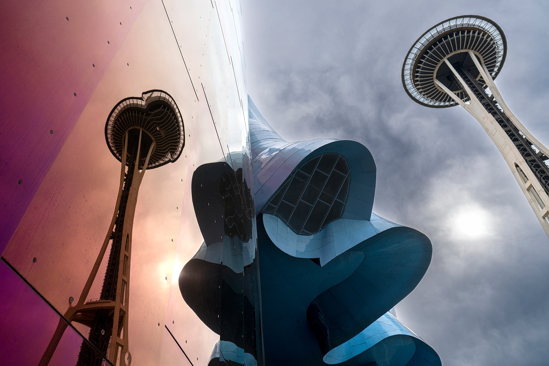 Seattle Space Needle reflected on the MoPOP building