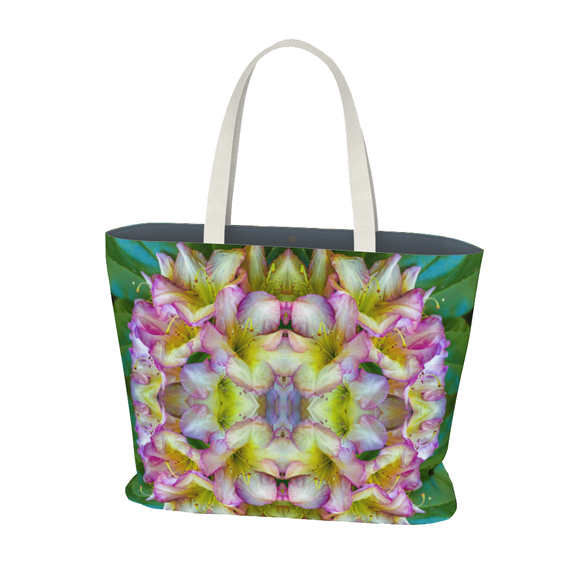 A canvas market tote with a pink rhododendron design