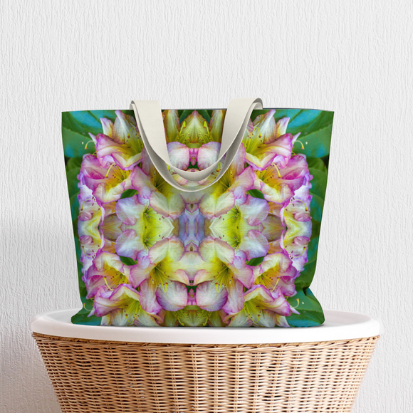 A canvas market tote with a pink rhododendron design