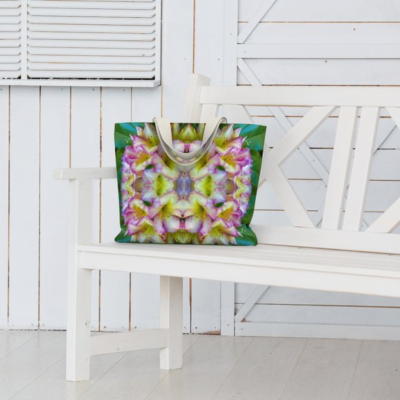 A canvas market tote with a pink rhododendron design