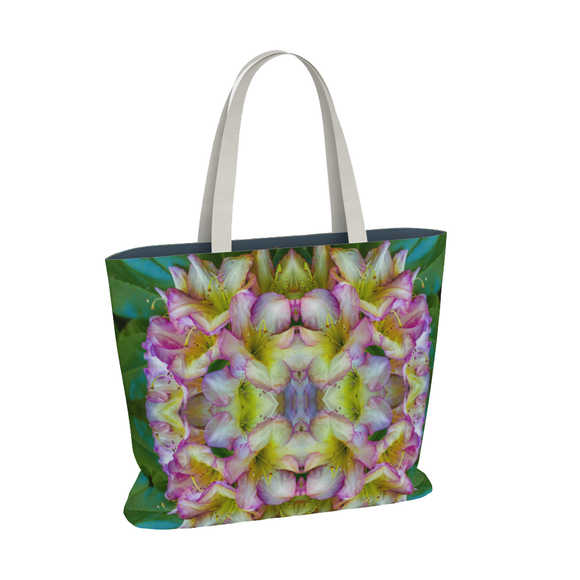 A canvas market tote with a pink rhododendron design