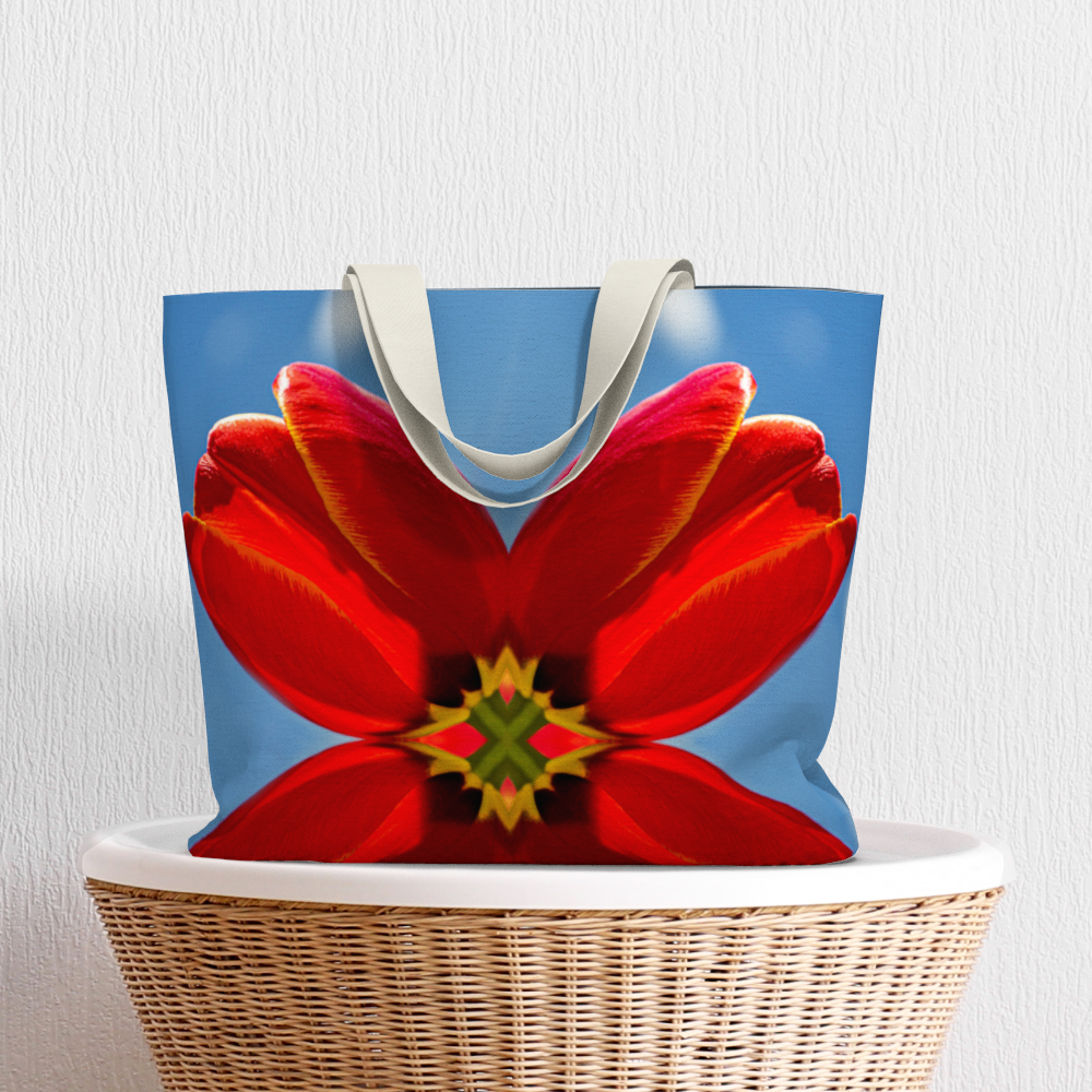 Canvas tote bag with red tulip design