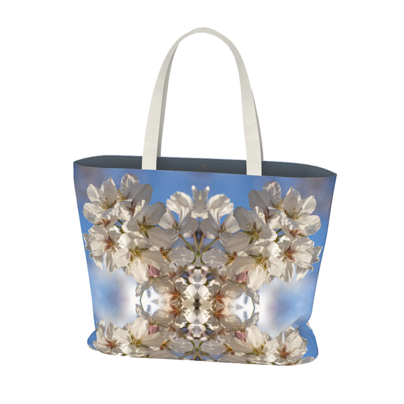 Tote bag with white cherry blossom design