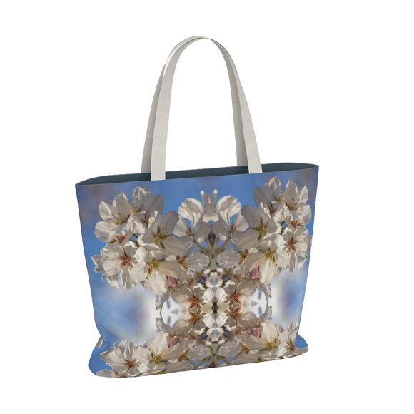 Tote bag with white cherry blossom design