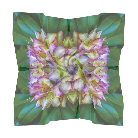 Square scarf with a pink rhododendron design